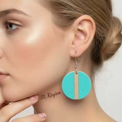 Light Blue Resin & Wood Silvertone Round Hook Earrings