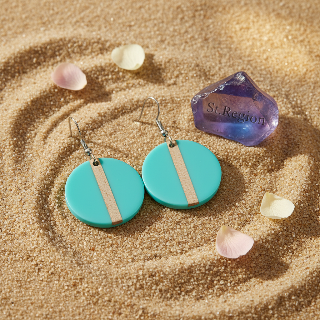 Light Blue Resin & Wood Silvertone Round Hook Earrings