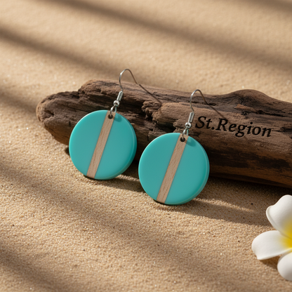 Light Blue Resin & Wood Silvertone Round Hook Earrings