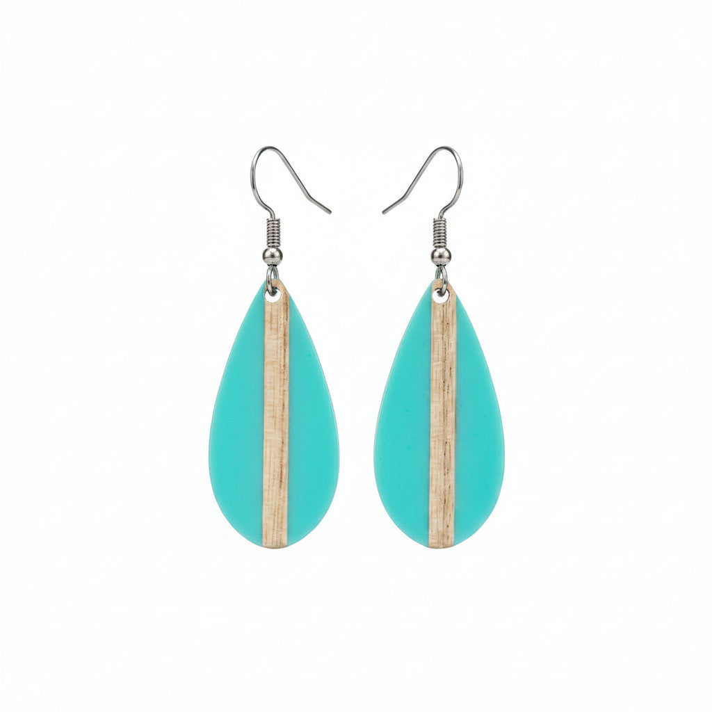 Light Blue Resin & Wood Silvertone Drop-Shape Hook Earrings