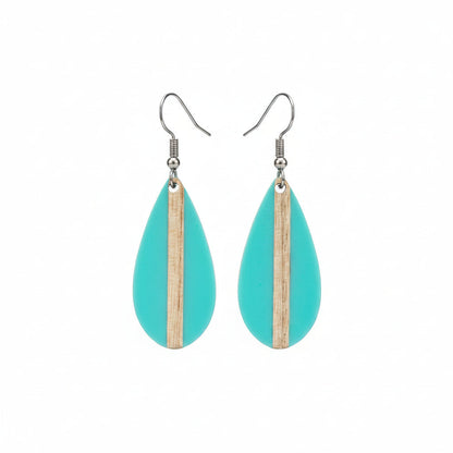 Light Blue Resin & Wood Silvertone Drop-Shape Hook Earrings