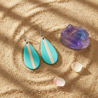 Light Blue Resin & Wood Silvertone Drop-Shape Hook Earrings