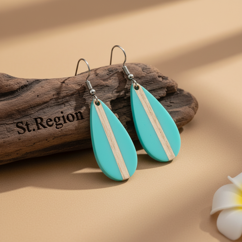 Light Blue Resin & Wood Silvertone Drop-Shape Hook Earrings