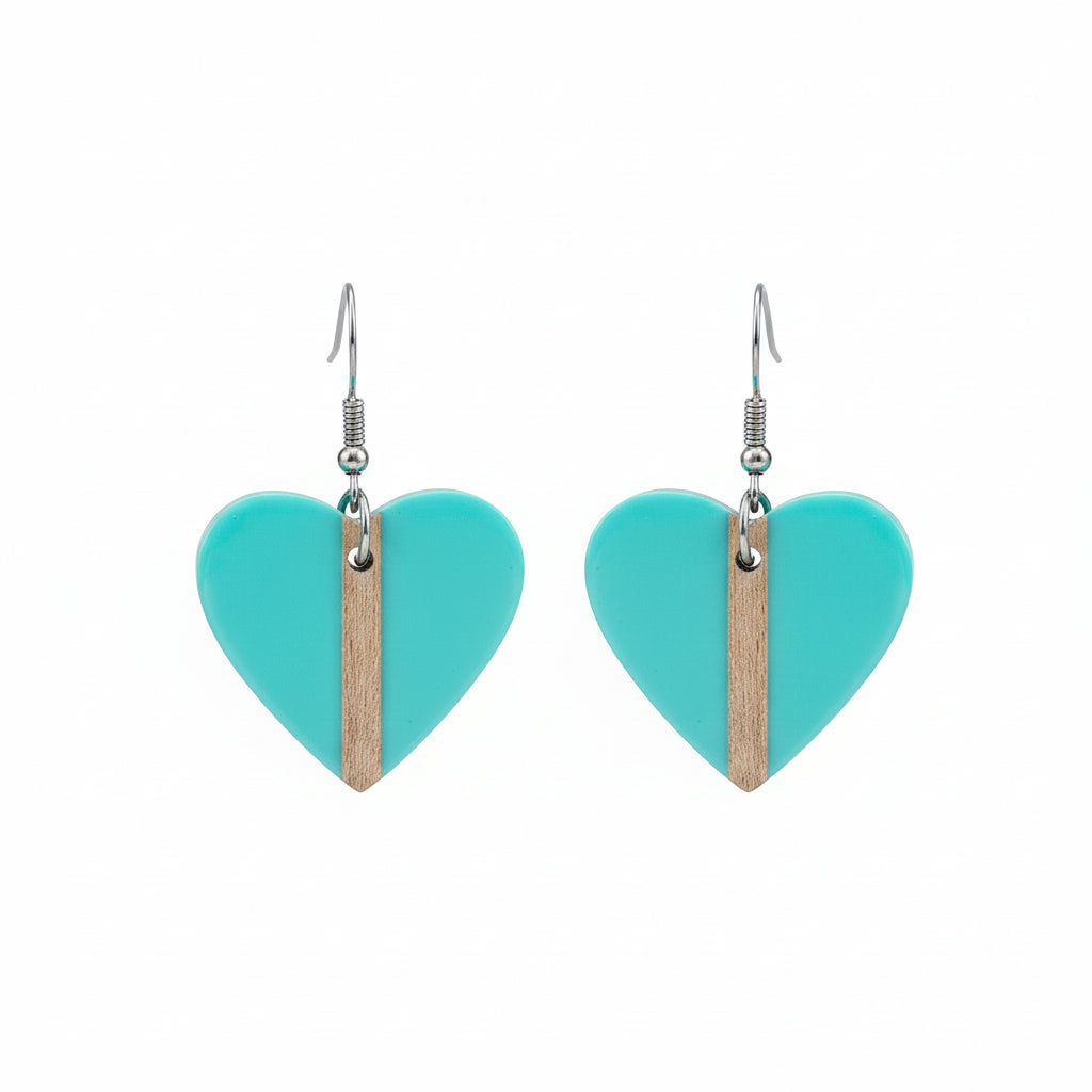 Light Blue Resin & Wood Silvertone Heart Hook Earrings