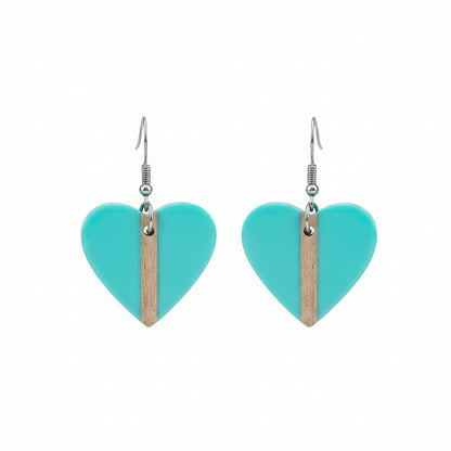 Light Blue Resin & Wood Silvertone Heart Hook Earrings
