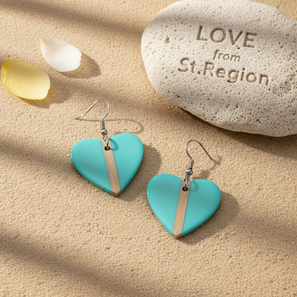 Light Blue Resin & Wood Silvertone Heart Hook Earrings
