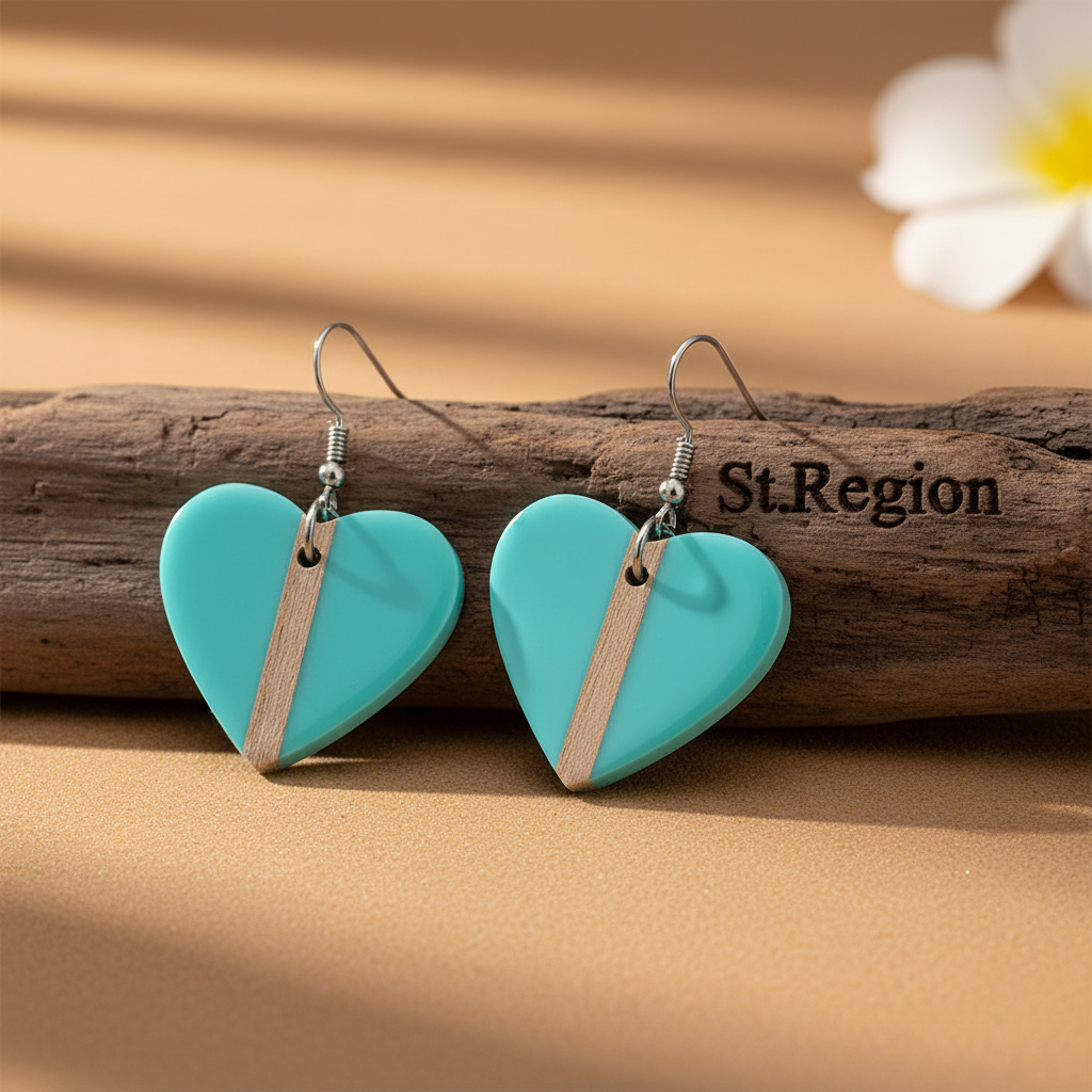 Light Blue Resin & Wood Silvertone Heart Hook Earrings