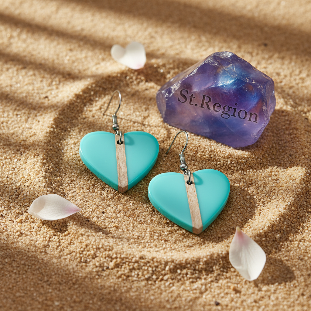 Light Blue Resin & Wood Silvertone Heart Hook Earrings