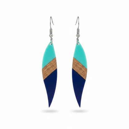 Mint Green & Navy Resin Wood Silvertone Color-Block Leaf Hook Earrings