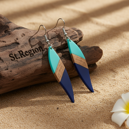 Mint Green & Navy Resin Wood Silvertone Color-Block Leaf Hook Earrings