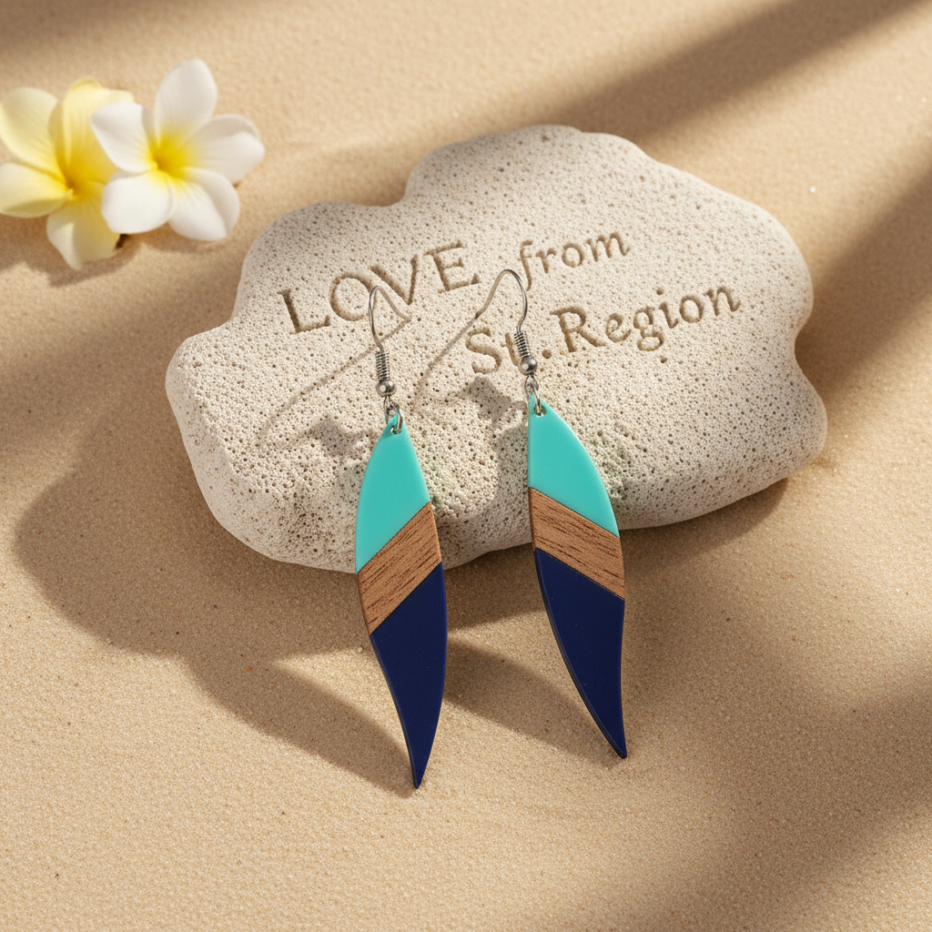Mint Green & Navy Resin Wood Silvertone Color-Block Leaf Hook Earrings