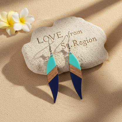 Mint Green & Navy Resin Wood Silvertone Color-Block Leaf Hook Earrings