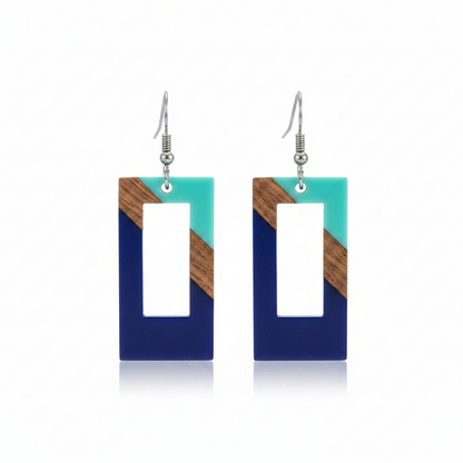 Mint Green & Navy Resin Wood Silvertone Color-Block Open Rectangle Hook Earrings