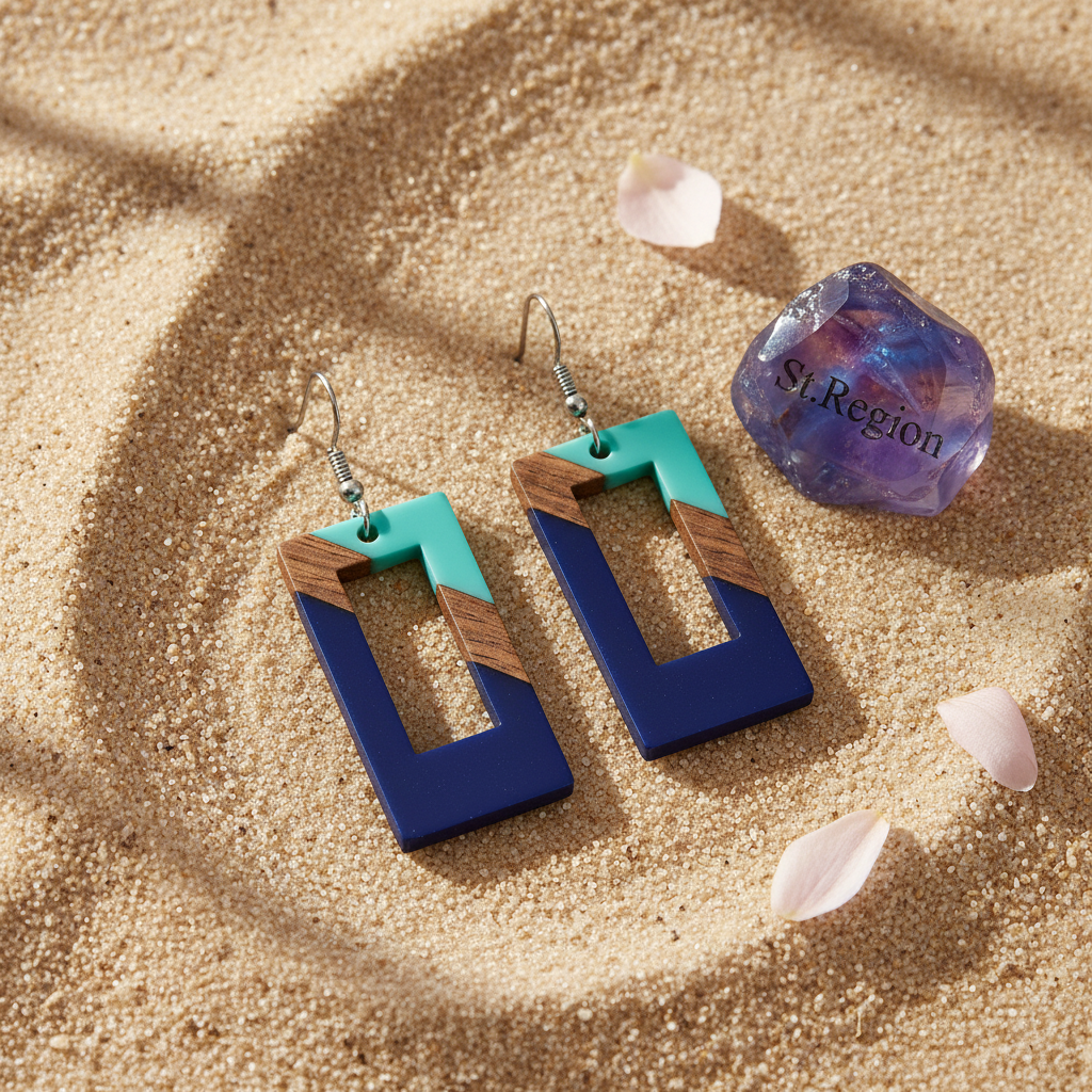 Mint Green & Navy Resin Wood Silvertone Color-Block Open Rectangle Hook Earrings
