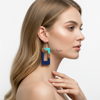 Mint Green & Navy Resin Wood Silvertone Color-Block Open Rectangle Hook Earrings
