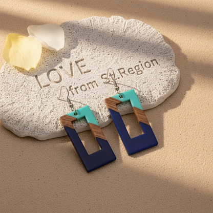 Mint Green & Navy Resin Wood Silvertone Color-Block Open Rectangle Hook Earrings
