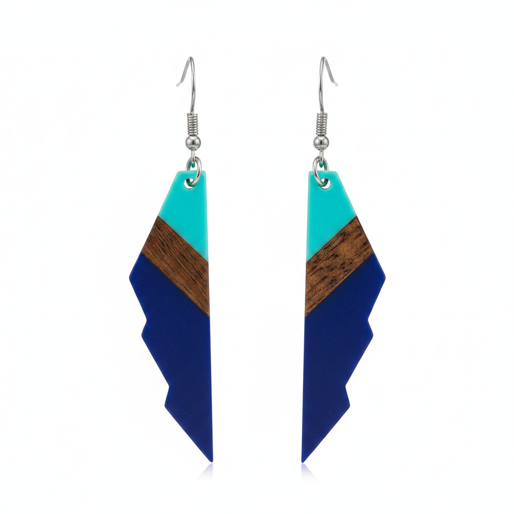 Mint Green & Navy Resin Wood Silvertone Color-Block Wing Hook Earrings