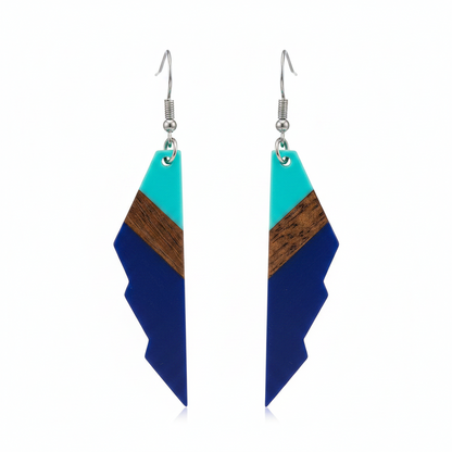 Mint Green & Navy Resin Wood Silvertone Color-Block Wing Hook Earrings