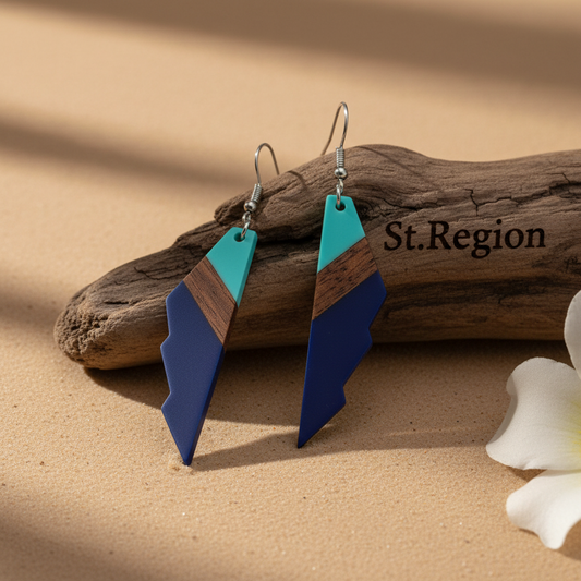 Mint Green & Navy Resin Wood Silvertone Color-Block Wing Hook Earrings