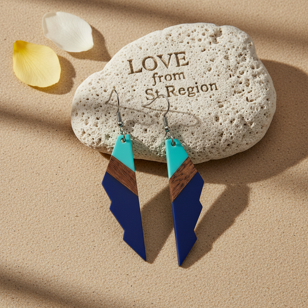 Mint Green & Navy Resin Wood Silvertone Color-Block Wing Hook Earrings