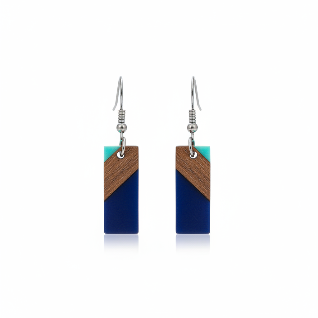 Mint Green & Navy Resin Wood Silvertone Color-Block Rectangle Hook Earrings