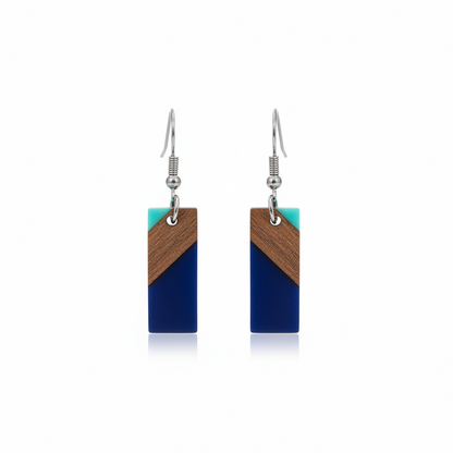 Mint Green & Navy Resin Wood Silvertone Color-Block Rectangle Hook Earrings