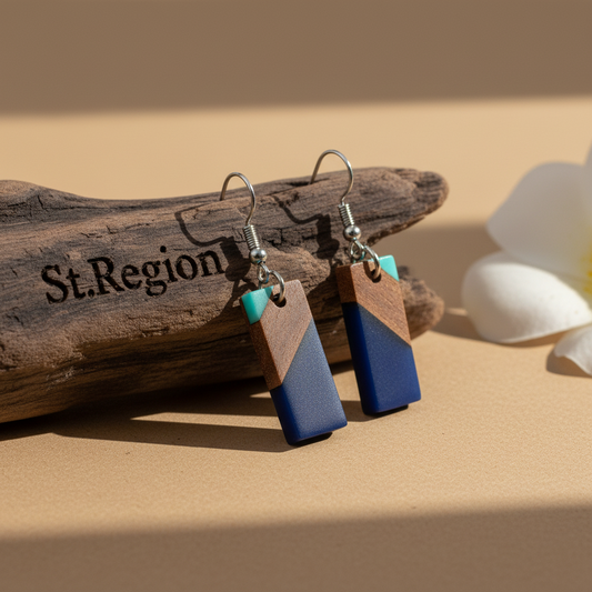 Mint Green & Navy Resin Wood Silvertone Color-Block Rectangle Hook Earrings