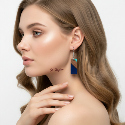 Mint Green & Navy Resin Wood Silvertone Color-Block Rectangle Hook Earrings