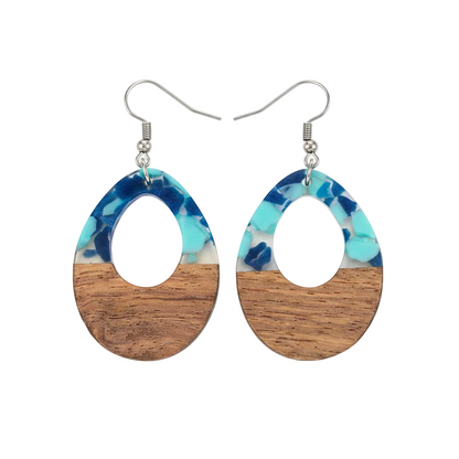 Navy Resin & Wood Silvertone Leopard Print Teardrop Hook Earrings