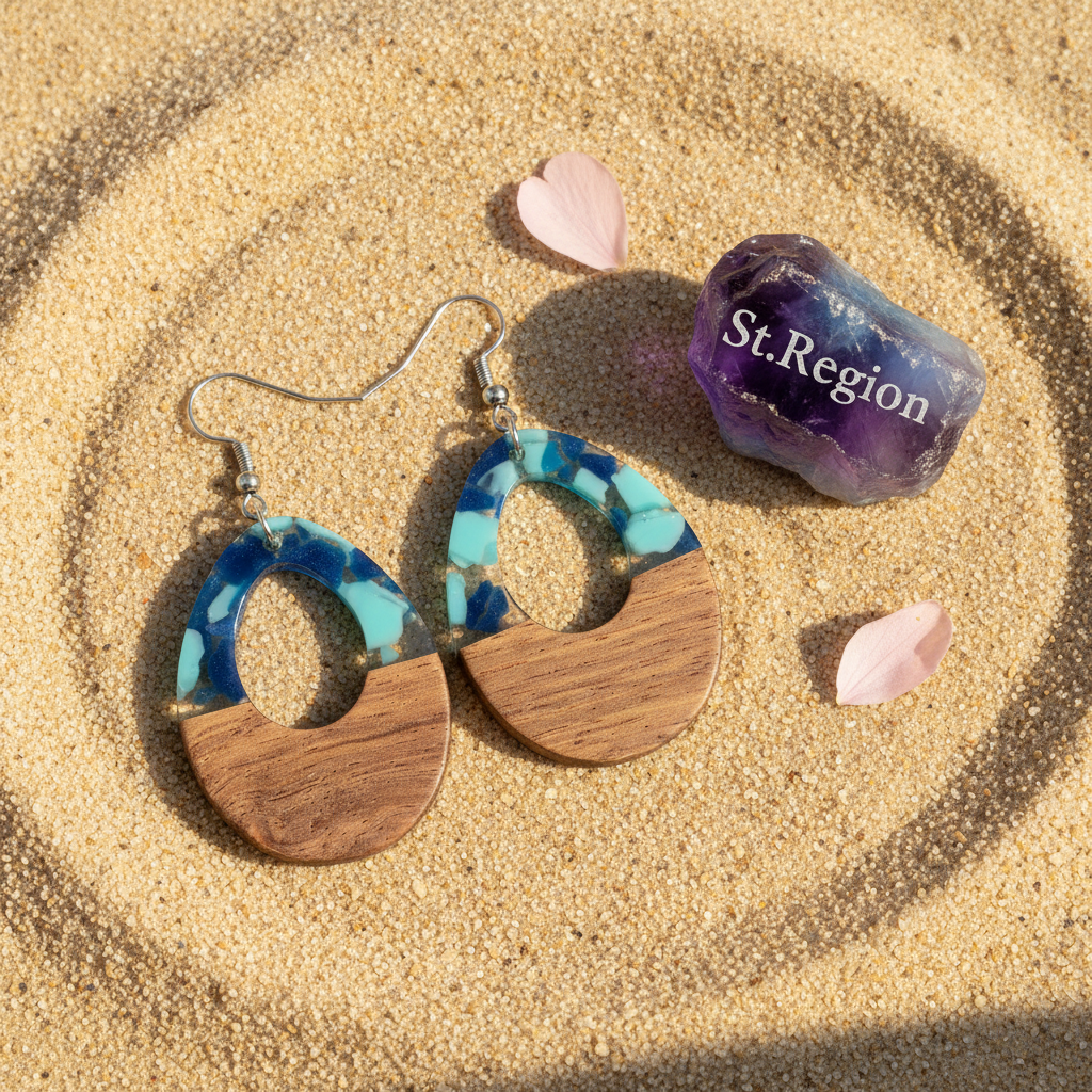 Navy Resin & Wood Silvertone Leopard Print Teardrop Hook Earrings
