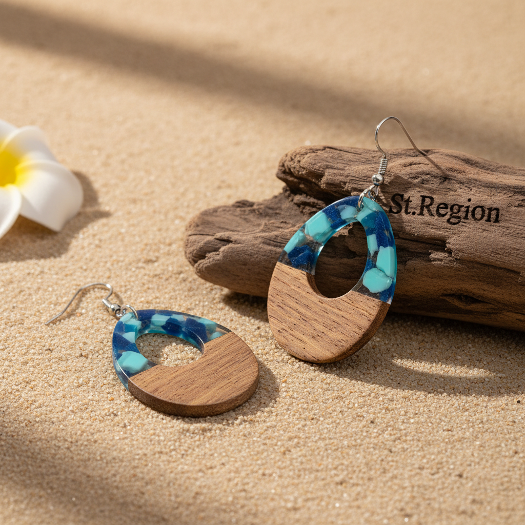 Navy Resin & Wood Silvertone Leopard Print Teardrop Hook Earrings