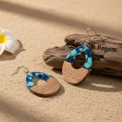 Navy Resin & Wood Silvertone Leopard Print Teardrop Hook Earrings