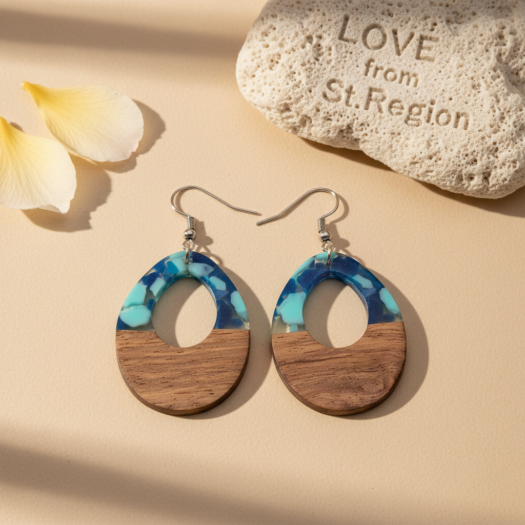 Navy Resin & Wood Silvertone Leopard Print Teardrop Hook Earrings