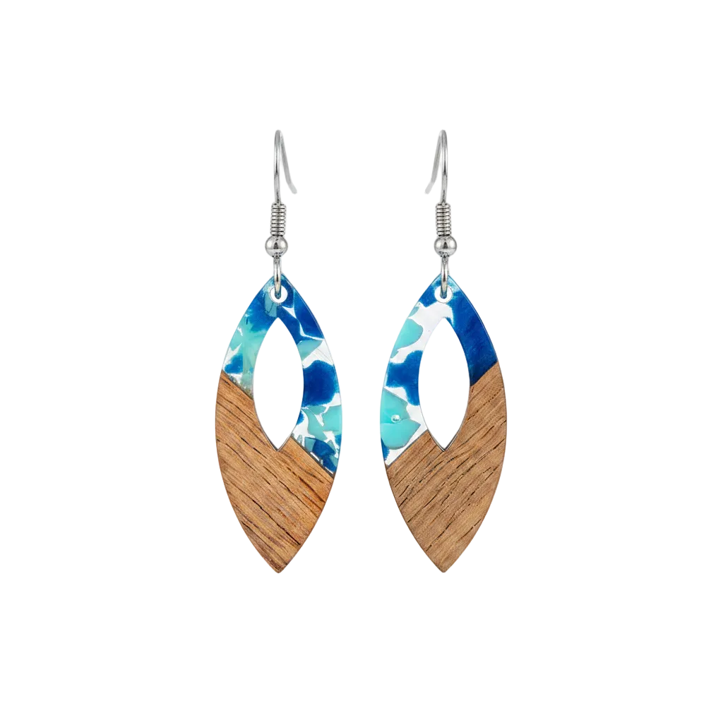 Navy Resin & Wood Silvertone Leopard Print Leaf Hook Earrings
