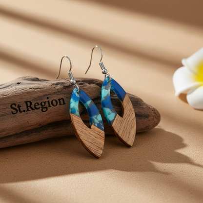 Navy Resin & Wood Silvertone Leopard Print Leaf Hook Earrings