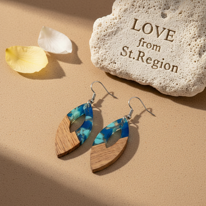 Navy Resin & Wood Silvertone Leopard Print Leaf Hook Earrings