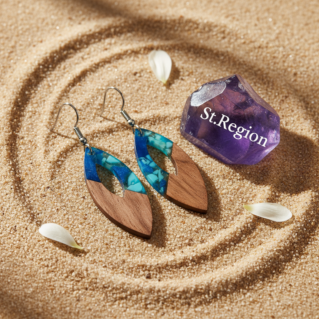 Navy Resin & Wood Silvertone Leopard Print Leaf Hook Earrings