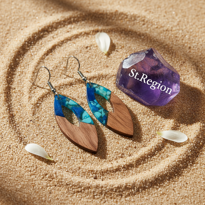 Navy Resin & Wood Silvertone Leopard Print Leaf Hook Earrings