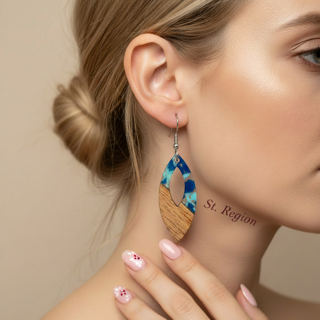 Navy Resin & Wood Silvertone Leopard Print Leaf Hook Earrings