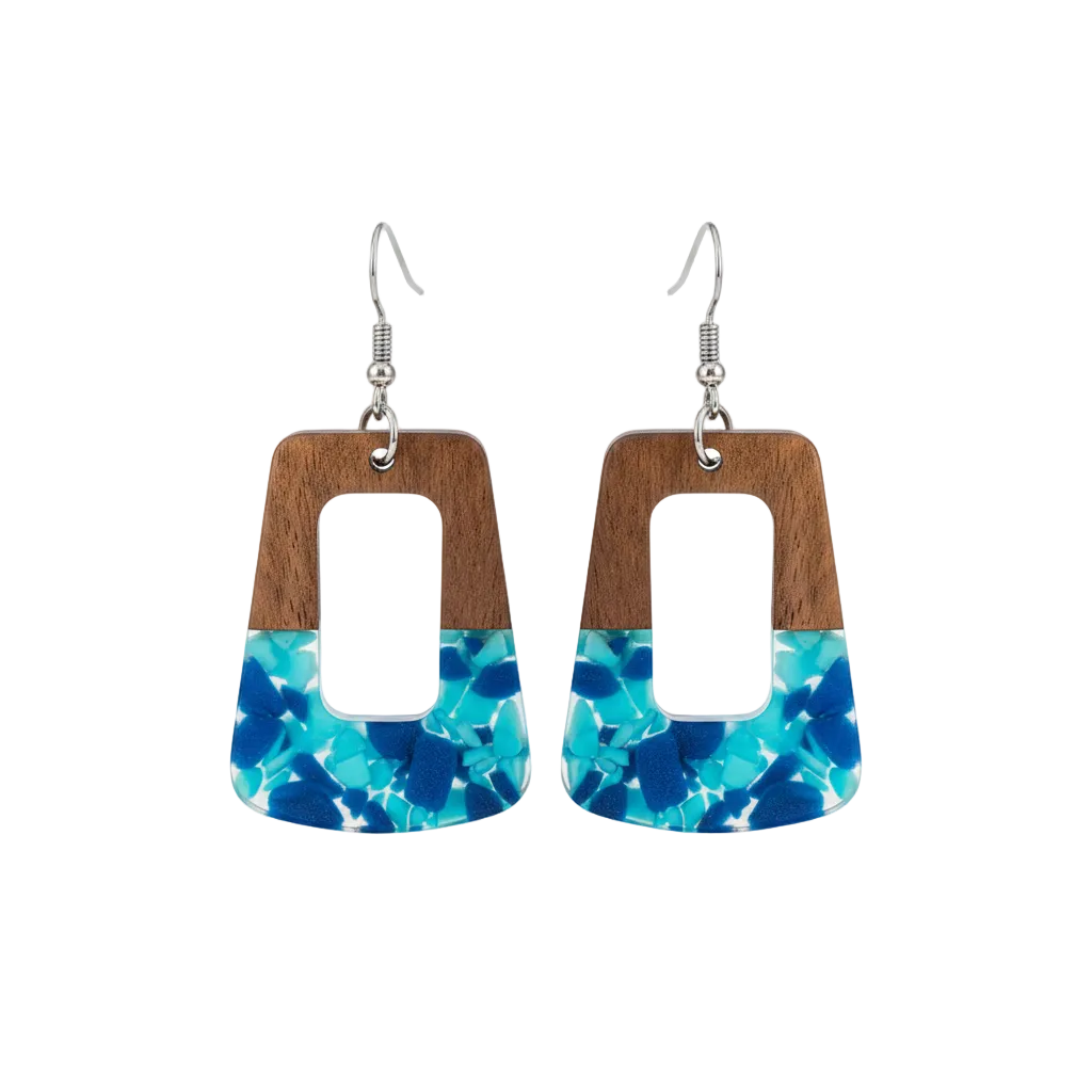 Navy Resin & Wood Silvertone Leopard Print Trapezoid Hook Earrings