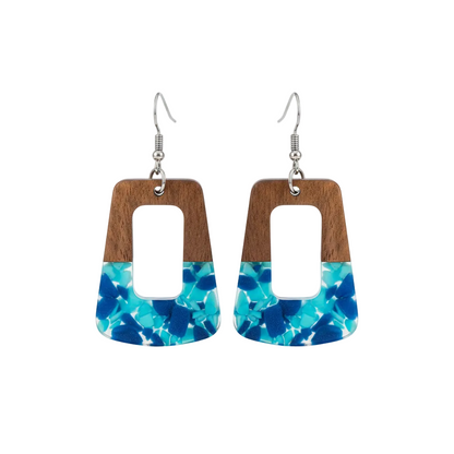 Navy Resin & Wood Silvertone Leopard Print Trapezoid Hook Earrings