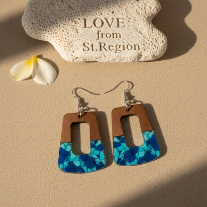 Navy Resin & Wood Silvertone Leopard Print Trapezoid Hook Earrings