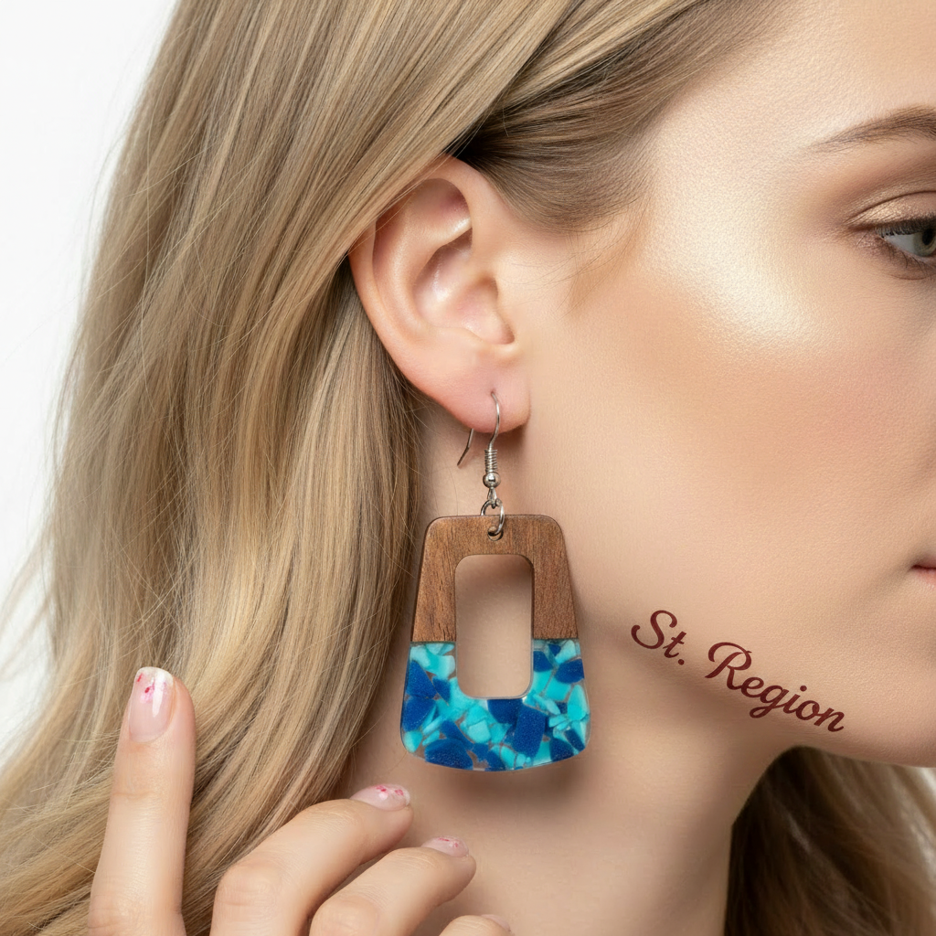 Navy Resin & Wood Silvertone Leopard Print Trapezoid Hook Earrings