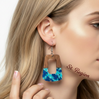 Navy Resin & Wood Silvertone Leopard Print Trapezoid Hook Earrings