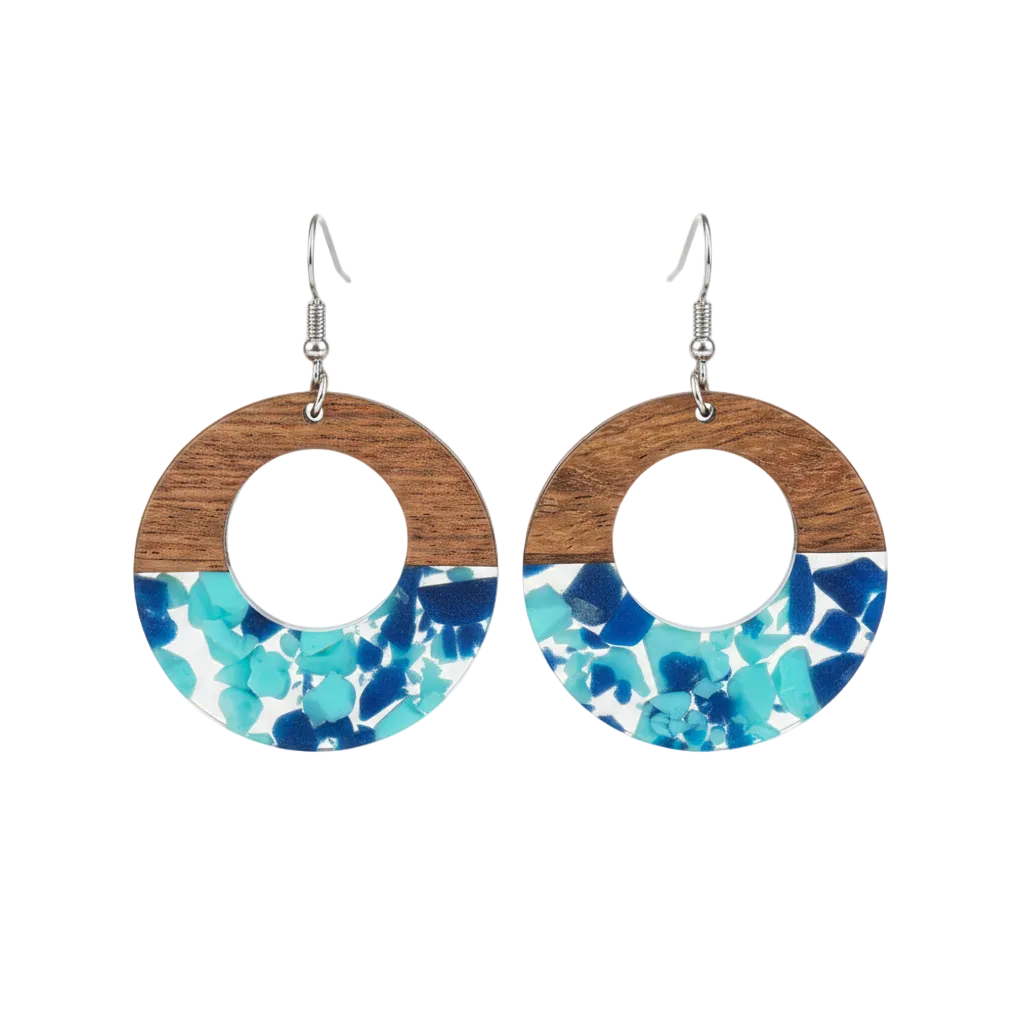 Navy Resin & Wood Silvertone Leopard Print Circular Hook Earrings