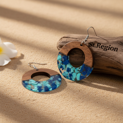 Navy Resin & Wood Silvertone Leopard Print Circular Hook Earrings