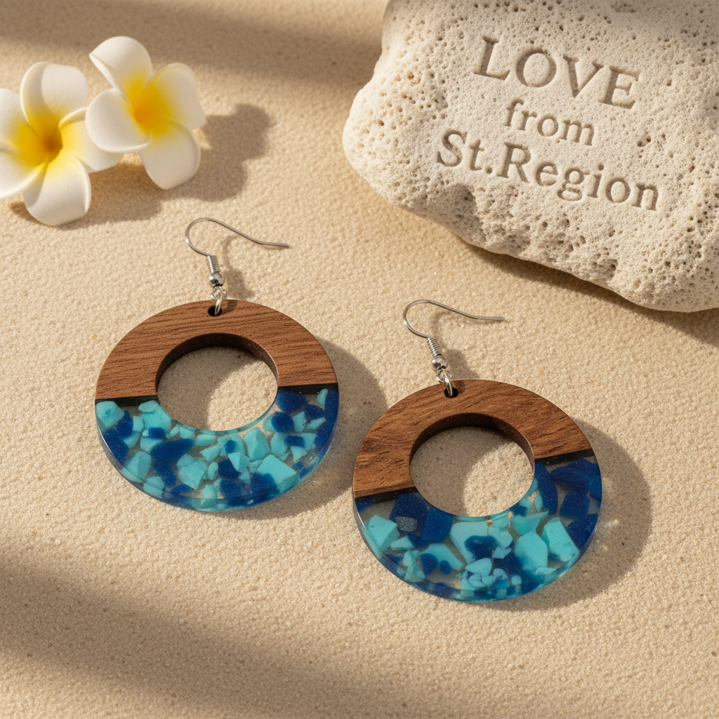 Navy Resin & Wood Silvertone Leopard Print Circular Hook Earrings