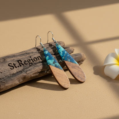 Navy Resin & Wood Silvertone Leopard Print Drop Hook Earrings