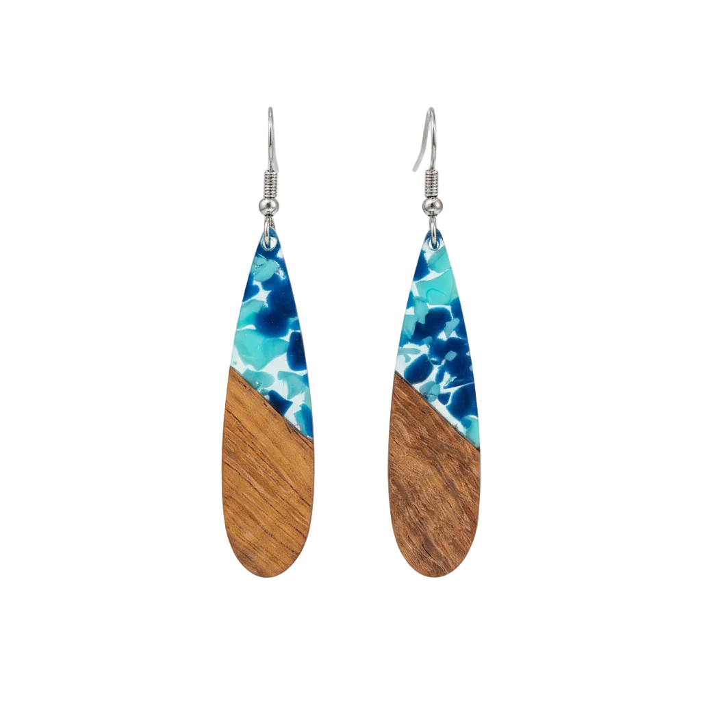 Navy Resin & Wood Silvertone Leopard Print Drop Hook Earrings