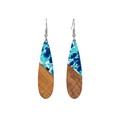 Navy Resin & Wood Silvertone Leopard Print Drop Hook Earrings